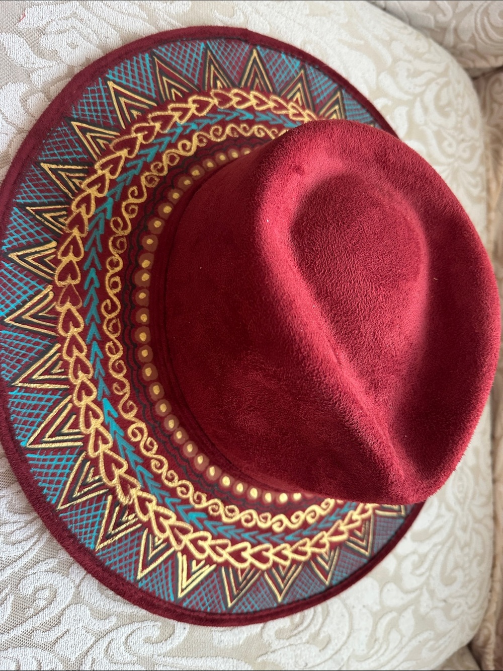Hand painted Maroon Fedora Hat with Teal & Gold Accents